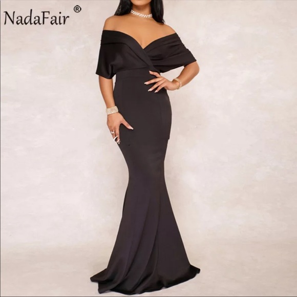 Women’s sexy v neck off the shoulder evening gown - Picture 6 of 6